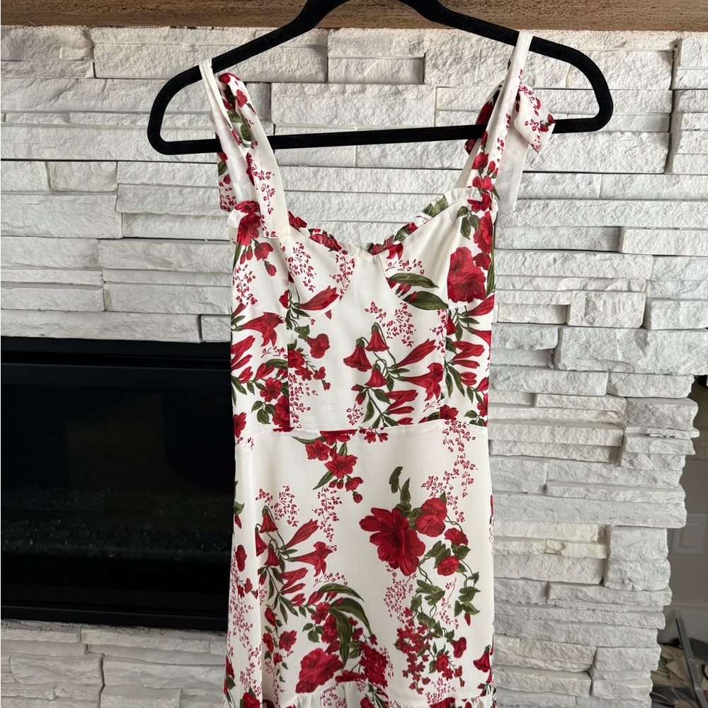 Reformation Cream Dress with Red and Green Floral Design
